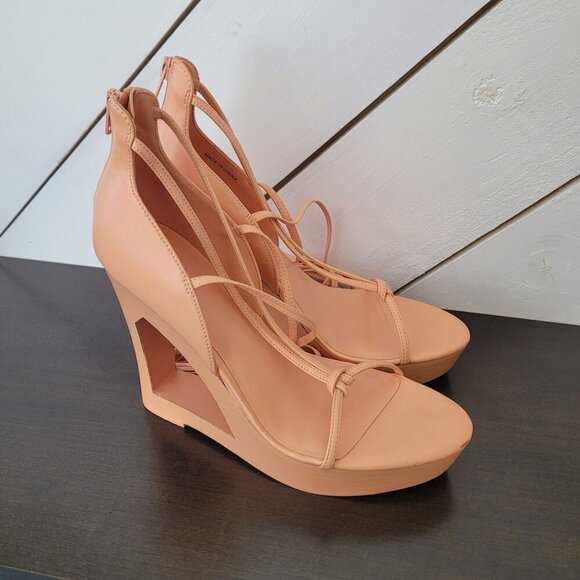 NEW AAJ By Aminah Nina Lace-Up Architectural Wedge Peach orange 9 Heel Sandals - Picture 2 of 9